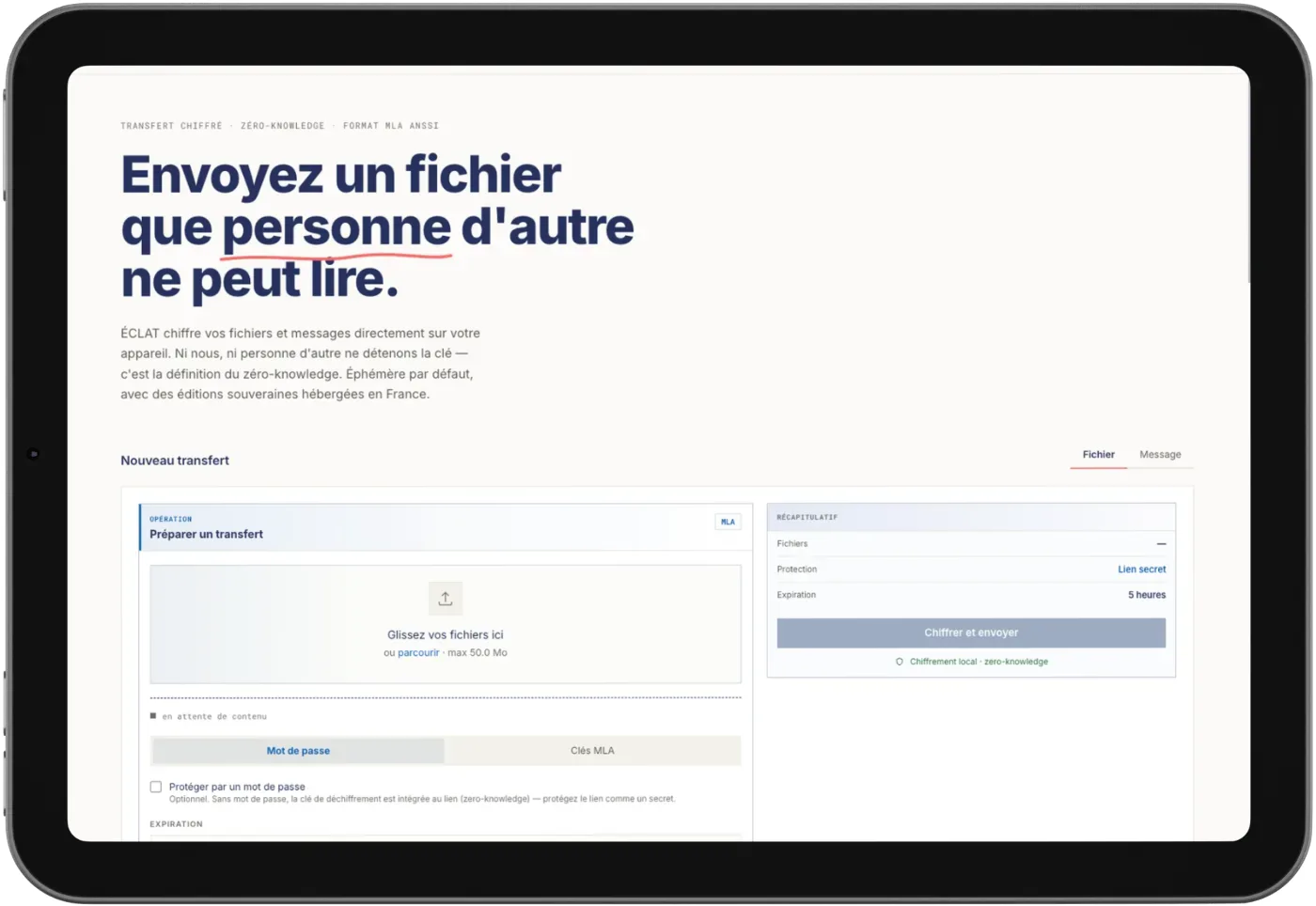 La page d'accueil d'Éclat, où le transfert se lance sans compte.