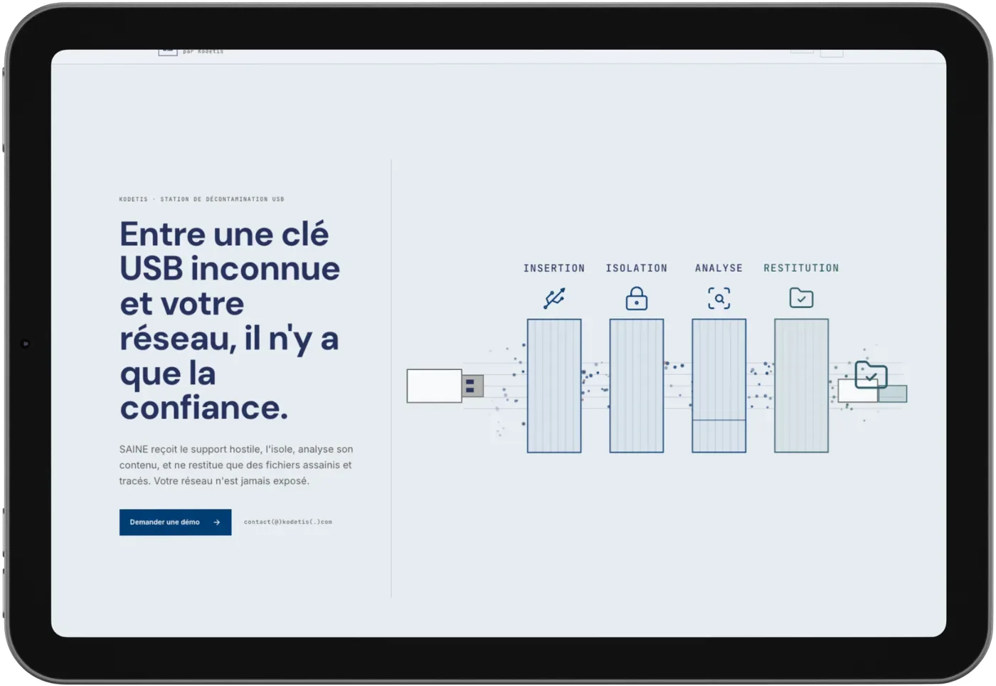La page d'accueil de SAINE, qui détaille la chaîne de décontamination.
